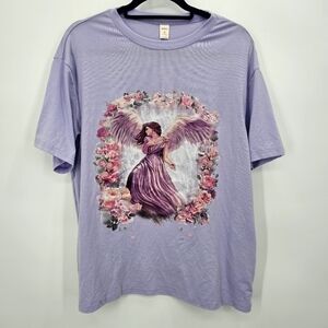 ROMWE Lavender Angel Graphic‎ Tee – Oversized Floral T-Shirt, Size S